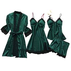 2023 Deal des Tages Seide Pyjama Sets für Frauen 4pcs Sexy Spitze Trim Cami Top Shorts Mini Kleid Robe Set Cute Pjs Nachthemd Schlafanzug mit Brust Pads Loungewear von ZWDC