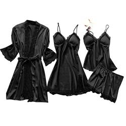 2023 Essentials Seide Pyjama Sets für Frauen 4pcs Sexy Spitze Trim Cami Top Shorts Mini Kleid Robe Set Cute Pjs Nachthemd Schlafanzug mit Brust Pads Loungewear von ZWDC