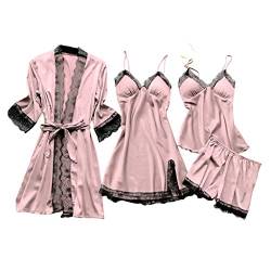 Amazon Amazon Sale Seide Pyjama Sets für Frauen 4pcs Sexy Spitze Trim Cami Top Shorts Mini Kleid Robe Set Cute Pjs Nachthemd Schlafanzug mit Brust Pads Loungewear von ZWDC