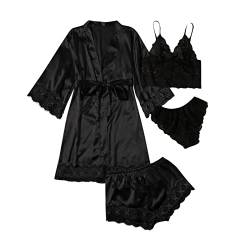 Coupons Amazon Angebote 2023 Frauen Seide Pyjama Set 4 Stück Satin Nachtwäsche mit Gürtel Robe Sexy Spitze Trim Cami Top und Shorts Slip Kleid Nachthemd von ZWDC