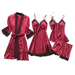 Coupons Amazon Angebote Seide Pyjama Sets für Frauen 4pcs Sexy Spitze Trim Cami Top Shorts Mini Kleid Robe Set Cute Pjs Nachthemd Schlafanzug mit Brust Pads Loungewear von ZWDC