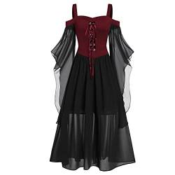 Damen Halloween Mesh Halter Schulter Leakage Kleid ärmellos One-Shoulder Knöchellange Kleider Übergröße A-Linie Schnüren Maxi Kleider mit Schmetterlingsärmeln für Frauen Gothic Kleid, Rot, S von ZWDC