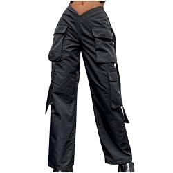 Hose Sommer Damen Einfarbig Track Pants High Waist Mit Taschen Freizeithose Fashion Weites Bein Trousers for Women Elegante Chino Hose Yoga Teenager Mädchen Kleidung, Schwarz, Small von ZWDC