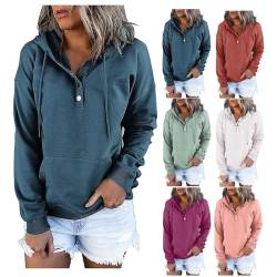 ZWDC Coupons Amazon,Hoodie Damen Knopfleiste Kapuzenpullover Langarm Pullover Sweatshirt mit Kapuze Kordelzug Herbst Winter Casual Einfarbig Pulli Sweatjacke y2k Oberteile Langarmshirt Tops S-XXL von ZWDC