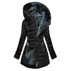 ZWDC Steppjacke Damen Warmer Lang Winterjacke Gefüttert Fleece Daunenjacke Baumwolle Elegant Pufferjacke Langarm Casual Fleecejacke mit Kapuze Wintermantel Winter Outdoor Trachtenjacke von ZWDC