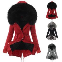 ZWDC Winterjacke Damen Warm - Damen Winter Jacke mit Kapuze Verdicken Gefüttert Warm Jacke Hairy Liner Damen Trenchcoat mittellang tragen verdickte Haare Kragen Jacke Baumwollmantel Rot XXL von ZWDC