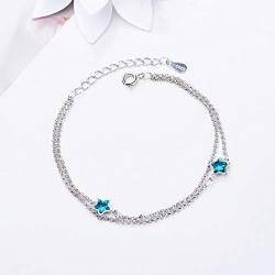 925 Sterlingsilber Armband,Einfache, In Blau Fünfstrahlige Stern Crystal Charm Schmuck Armbänder Double Layer Modernes Frisches Resizable Armreif Für Geschenk Mädchen Dame Frauen Party Moden Hoch von ZWXDMY