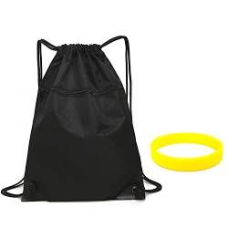 ZWZNBL 1 schwarze Kordelzug-Rucksacktasche, Sportreise-Kordelzug-Rucksacktasche, Sporttasche für Männer und Frauen, wasserdichter Unisex-Rucksack und 1 gelbes leuchtendes Sportarmband von ZWZNBL