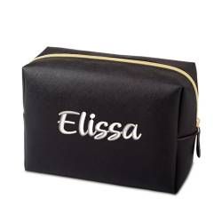 Make-up-Tasche, personalisierbar, bestickt, tragbar, PU, Saffiano-Name, wasserdicht, Reise-Kosmetik-Kulturbeutel für Mann und Frau, individueller Namen-Logo, quadratische Make-up-Tasche, Schwarz , L von ZXH