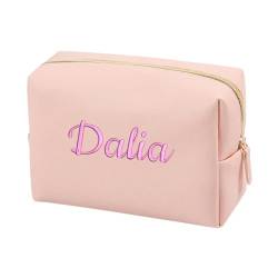 Make-up-Tasche, personalisierbar, bestickt, tragbar, PU, Saffiano-Name, wasserdicht, Reise-Kosmetik-Kulturbeutel für Mann und Frau, individueller Namen-Logo, quadratische Make-up-Tasche, rose, L von ZXH