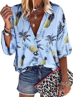 ZXZY Damen Ananas bedruckt Reverskragen halbe Ärmel Knöpfe Down Bluse Shirt, Z-sky Blue, Klein von ZXZY