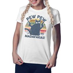 Retro Cat Pew Pew Madafakas Weiß Damen T-Shirt Size L von ZYDUVA