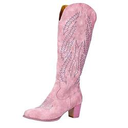 ZYLL Damen Bestickte Westernstiefel Knielang,Vintage Cowboy Westernstiefel Pelzfutter Winter Seitenreißverschluss Mittelrohr Reiterstiefel Rosa,Rosa,42 EU von ZYLL