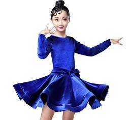 ZYLL Kinder-Kleider für Mädchen Langarm-lateinischen Tanz-Kleid Velvet Ballroom-Wettbewerb Party Stage Aufführungspraxis Kostüme,Blau,130CM von ZYLL