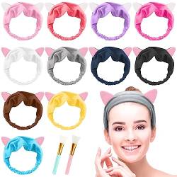 ZYNERY 11 Stück Katze Ohren Stirnband Damen mit 2 Stück Kosmetik Pinsel, Haarband Katzenohren Set für Gesichtsmaske, Augenmaske, Spa und Schminke von ZYNERY
