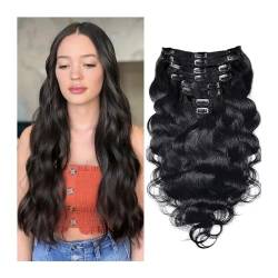 Clip-in-Haarteile für Frauen, 8 Stück Clip-in-Echthaarverlängerungen, gewellt, 120 g, weich, gewellt, Clip-in-Echthaarverlängerungen, natürliches schwarzes Echthaar, gewelltes Haarteil for Frauen,Dam von ZYRB-2020