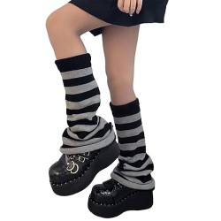 ZYSWCHB Beinwärmer für Damen Warme Beinwärmer aus Wolle Grau und schwarz gestreifte, ausgestellte Einlegesohle Y2k Jk gestrickte Wadenflor-Socken (Color : Grey, Size : One size) von ZYSWCHB