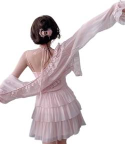 ZYSWCHB Elegantes süßes rosa Neckholder-Kleid, lässiges gerafftes Design, kurzes Y2k-Partykleid, schlankes 2-teiliges Kleiderset (Color : Only Blouse, Size : M) von ZYSWCHB