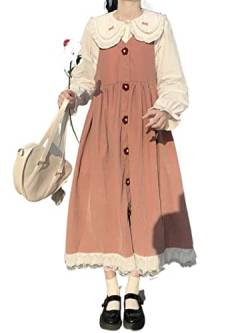 ZYSWCHB Kawaii Kleid Anzug japanische Lolita Kleider Spitze Patchwork süßes zweiteiliges Langarmshirt (Color : Pink, Size : XL) von ZYSWCHB