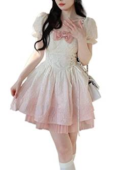 ZYSWCHB Kawaii Lolita Kleid Frauen Casual Kurzarm Y2k Minikleid Elegante Vintage Strand Party Kleid (Color : Pink, Size : S) von ZYSWCHB