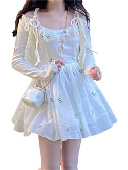 ZYSWCHB Kawaii Sweet Party Minikleid Damen Floral A-Linie Lässiges Feenkleid Prinzessin Trägerkleid (Color : Only Cardigan, Size : S) von ZYSWCHB