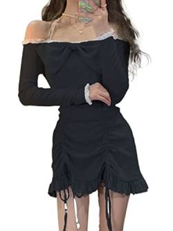 ZYSWCHB Kleid Frauen Kawaii süße Kleider Rüschen Lolita Short Lace Robe Kleid weiblich 2023 Frühling (Color : Black, Size : XL) von ZYSWCHB