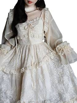 ZYSWCHB Lace Elegant Sweet Midi Kleider Damen Japanese Kawaii Fairy Vintage Dress Cute Vintage Strap Dress (Color : Dress and Coat, Size : S) von ZYSWCHB