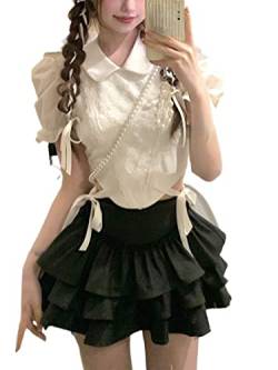 ZYSWCHB Lolita 2-teiliges Kleid-Set for Damen, kausal, kurzärmelig, solides Y2k-Crop-Top, Bürodame, Kawaii, schwarzer Rock (Color : Skirt and Blouse, Size : L) von ZYSWCHB