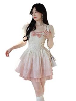 ZYSWCHB Lolita Kawaii Y2k Mini Frau Kleid Kurzarm Vintage Kurzes Partykleid Einteilige Süße Koreanische Mode 2023 Sommer Chic Kleid (Color : Mini Dress, Size : M) von ZYSWCHB
