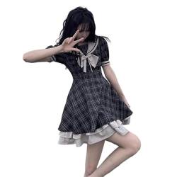 ZYSWCHB Niedliche Lolita Kleid Rock Sommerkleider Japanisches Weiches Mädchen Nette Puppe Kragen Bogen Slim Taille Plaid Kleid Spitze Prinzessin Kawaii Lolita Kleider Gothic Harajuku Dunkel (Color : von ZYSWCHB