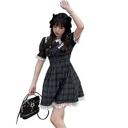 ZYSWCHB Niedliche Lolita Kleid Rock Sommerkleider Japanisches Weiches Mädchen Nette Puppe Kragen Bogen Slim Taille Plaid Kleid Spitze Prinzessin Kawaii Lolita Kleider Gothic Harajuku Dunkel (Color : von ZYSWCHB