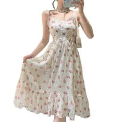 ZYSWCHB Sommer 2023 Französisch Elegantes Trägerloses Kleid Frauen Floral Party Strand Vintage Kleider Büro Dame Fairy Lolita Süßes Midikleid (Color : Strap Dress, Size : L) von ZYSWCHB