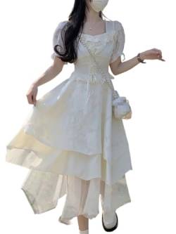 ZYSWCHB Sommerkleid Kleid Sommer Frauen Tierred Prinzessin Midi Kleid Quadratischen Kragen Spitze Up Rüschen Bandage Party Kleid (Color : White, Size : S) von ZYSWCHB