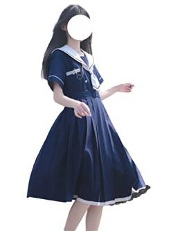 ZYSWCHB Süße Frau Kleid Matrosenkragen Kawaii weibliche Robe Lolita Kleider Sommer süße Frauen (Color : Navy and Belt, Size : L) von ZYSWCHB