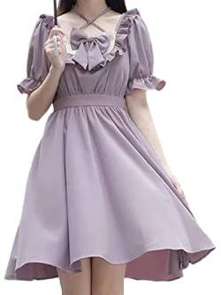 ZYSWCHB Süßes Kawaii Lolita Kleid Damen Japanische Süße Rüschen Wrap Puff Sleeve Halfter Kurze Kleider (Color : Purple, Size : S) von ZYSWCHB