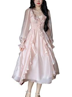 ZYSWCHB Vintage Party Midi Kleid Frauen Rosa Fee Koreanischen Stil Süßes Kleid Blase Ärmel Elegantes Partykleid (Color : Pink, Size : L) von ZYSWCHB