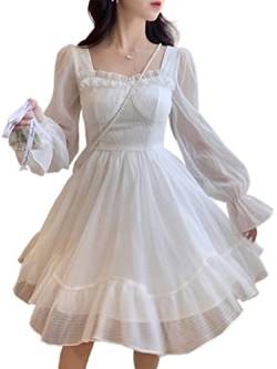 ZYSWCHB White Kawaii Dress Women Chiffon Lolita Style Long Sleeve Mini Dresses Bow Fairy Ruffles Patchwork (Color : White, Size : S) von ZYSWCHB