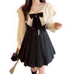ZYSWCHB Zweiteiler Kleid Frauen Niedlich Plissee Lolita Kleid Frühling Herbst Dame Chic Party Minikleid Bluse (Color : Black Set, Size : M) von ZYSWCHB