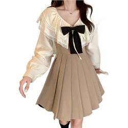 ZYSWCHB Zweiteiler Kleid Frauen Niedlich Plissee Lolita Kleid Frühling Herbst Dame Chic Party Minikleid Bluse (Color : Khaki Set, Size : M) von ZYSWCHB