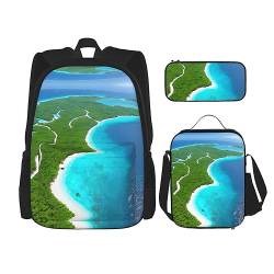 ZYVIA An Island in The Ocean 3-teiliges Taschenrucksack-Set für Mittagessen und Bleistifttasche, robust und verschleißfest, große Kapazität für Schulen, Bergsteigen, Training, Schwarz , Einheitsgröße von ZYVIA