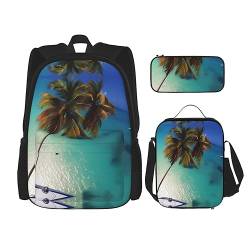 ZYVIA Beach Coconut Sunshine 3-teiliges Taschenrucksack-Set für Mittagessen und Bleistift, robust und verschleißfest, große Kapazität für Schulen, Bergsteigen, Training, Schwarz , Einheitsgröße von ZYVIA