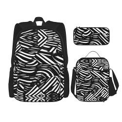 ZYVIA Black and White Lines 3-teiliges Taschenrucksack-Set für Mittagessen und Bleistift, robust und verschleißfest, große Kapazität für Schulen, Bergsteigen, Training, Schwarz , Einheitsgröße von ZYVIA