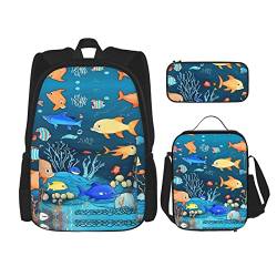 ZYVIA Blue Underwater World of Fish 3-teiliges Taschenrucksack-Set für Mittagessen und Bleistift, robust und verschleißfest, große Kapazität für Schulen, Bergsteigen, Training, Schwarz , Einheitsgröße von ZYVIA