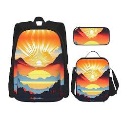 ZYVIA Bright Sunrise 3-teiliges Taschen-Rucksack, Lunchtasche und Federmäppchen-Set, stark und verschleißfest, große Kapazität für Schulen, Bergsteigen, Training, Schwarz , Einheitsgröße von ZYVIA