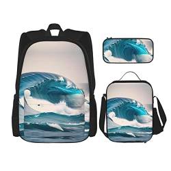 ZYVIA Cartoon Blue Sea Wave 3-teilige Tasche Rucksack Mittagessen Tasche und Bleistift Beutel Set Stark und Verschleißfest Große Kapazität für Schulen Bergsteigen Training, Schwarz , Einheitsgröße von ZYVIA