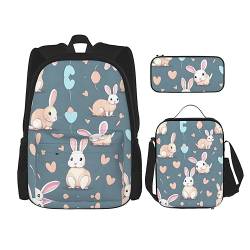 ZYVIA Cartoon Cute Bunny 3-teiliges Taschen-Rucksack Mittagessen Tasche und Federmäppchen Set Stark und Verschleißfest Große Kapazität für Schulen Bergsteigen Training, Schwarz , Einheitsgröße von ZYVIA