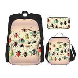 ZYVIA Cartoon Kleine Insekten 3-teilige Tasche Rucksack Mittagessen Tasche und Bleistift Beutel Set Stark und Verschleißfest Große Kapazität für Schulen Bergsteigen Training, Schwarz , Einheitsgröße von ZYVIA