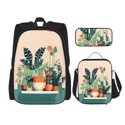 ZYVIA Cartoon Kleine grüne Pflanze 3-teilige Tasche Rucksack Mittagessen Tasche und Bleistift Beutel Set Stark und Verschleißfest Große Kapazität für Schulen Bergsteigen Training, Schwarz , von ZYVIA