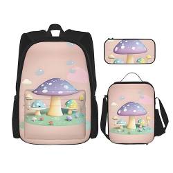 ZYVIA Cartoon Pilz 3-teilige Tasche Rucksack Mittagessen Tasche und Bleistift Beutel Set Stark und Verschleißfest Große Kapazität für Schulen Bergsteigen Training, Schwarz , Einheitsgröße von ZYVIA