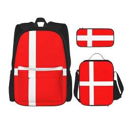 ZYVIA Dänemark, dänische Flagge, 3-teiliges Taschenrucksack, Lunchtasche und Federmäppchen-Set, stark und verschleißfest, große Kapazität für Schulen, Bergsteigen, Training, Schwarz , Einheitsgröße von ZYVIA